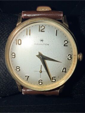 Hamilton Gold-Tone Case Watch with Brown Leather Strap